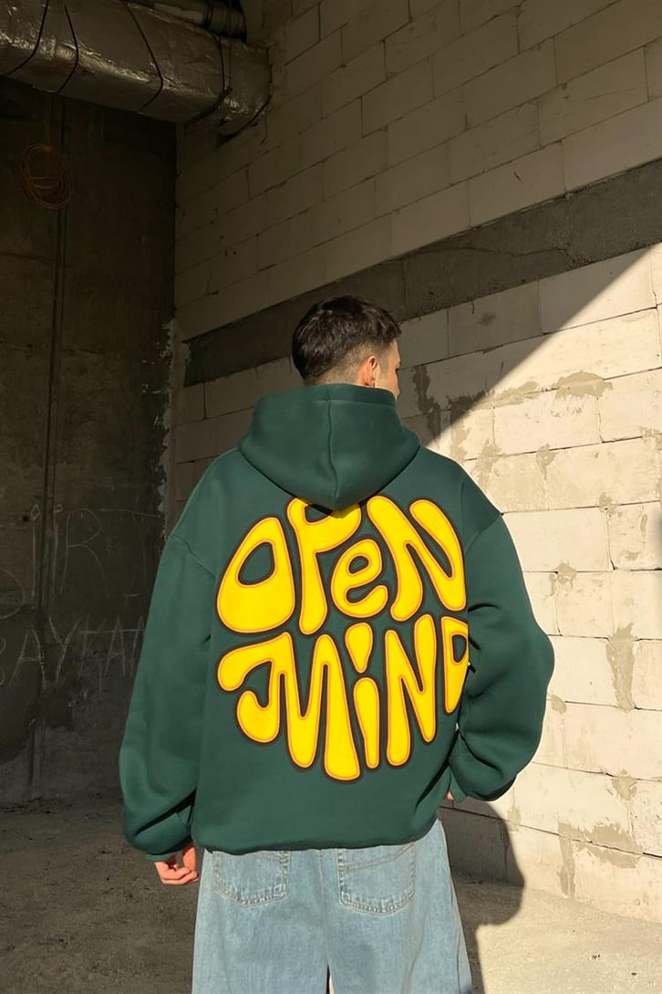 Open Mind Sırt Baskılı Yeşil Oversize Hoodie