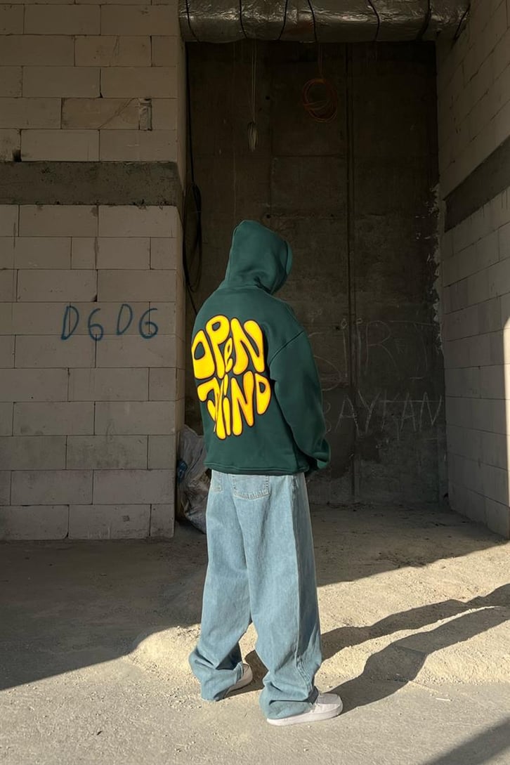 Open Mind Sırt Baskılı Yeşil Oversize Hoodie