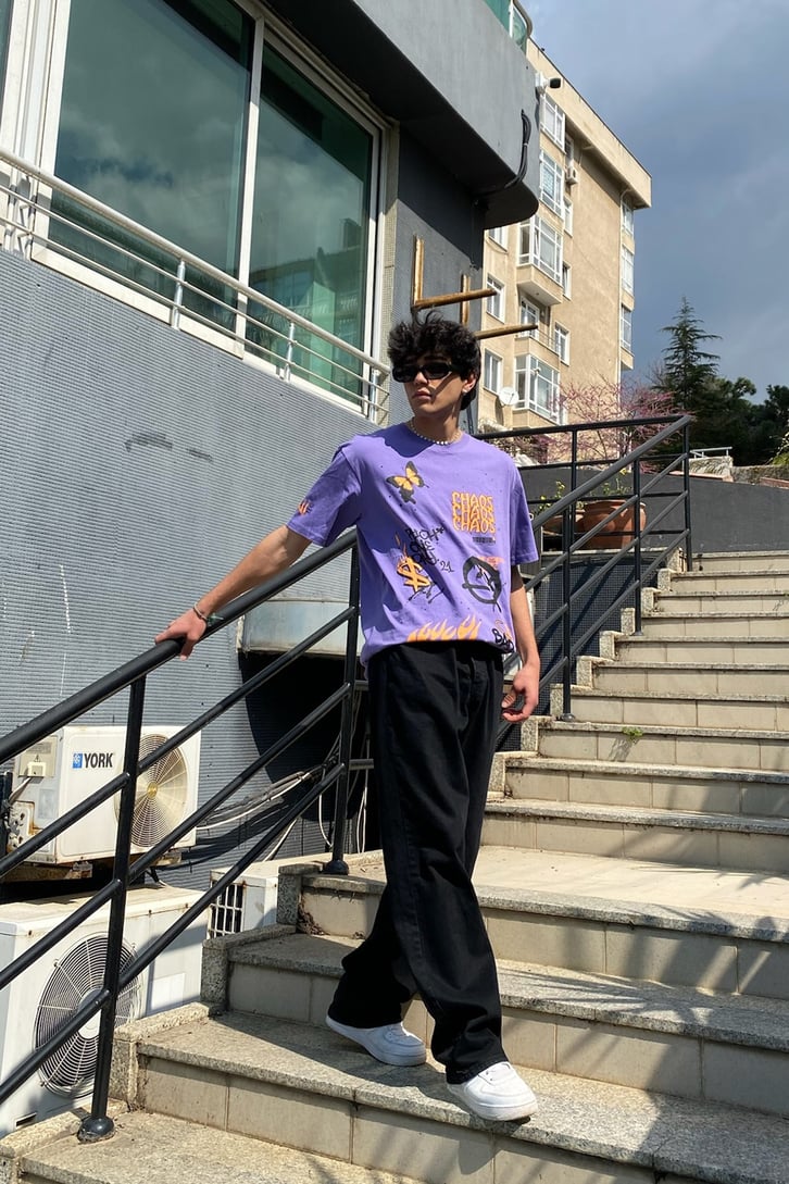 Orange Trip Baskılı Mor Oversize