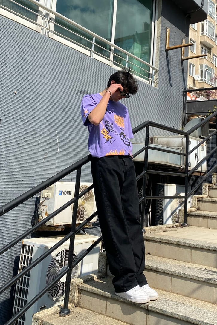 Orange Trip Baskılı Mor Oversize