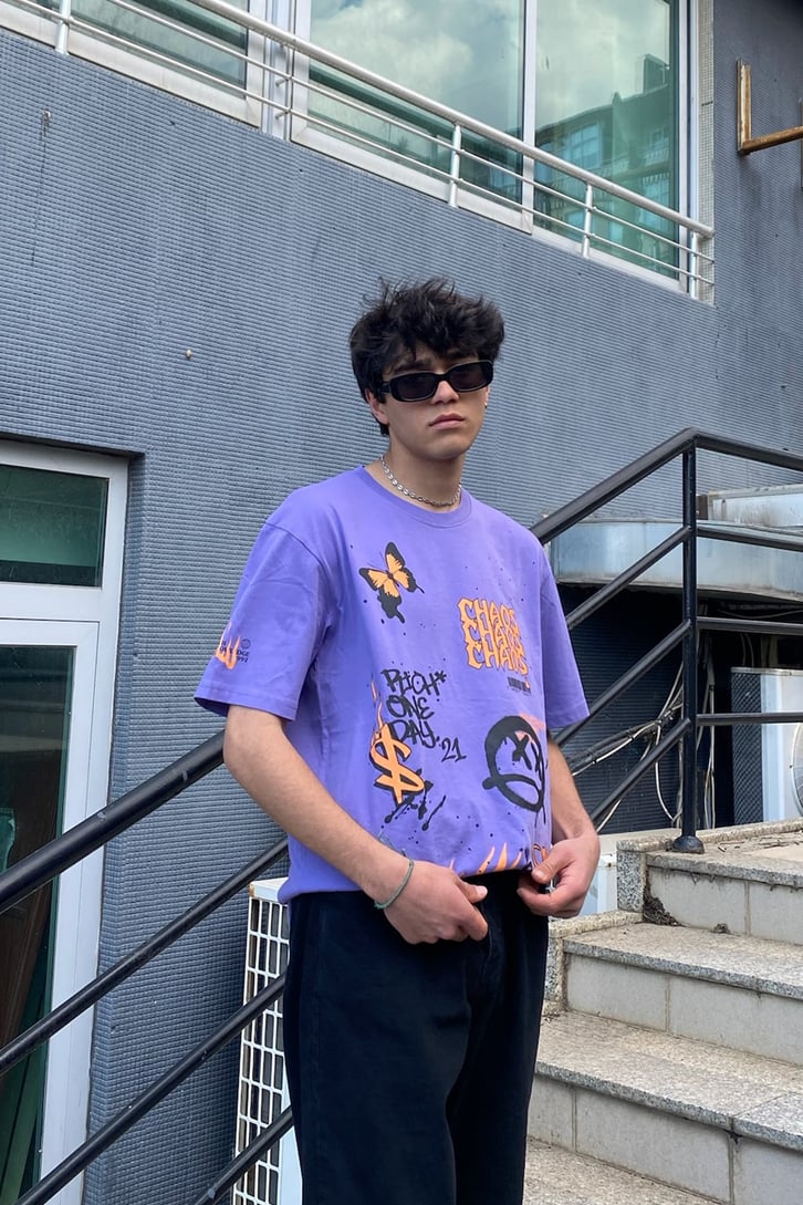 Orange Trip Baskılı Mor Oversize