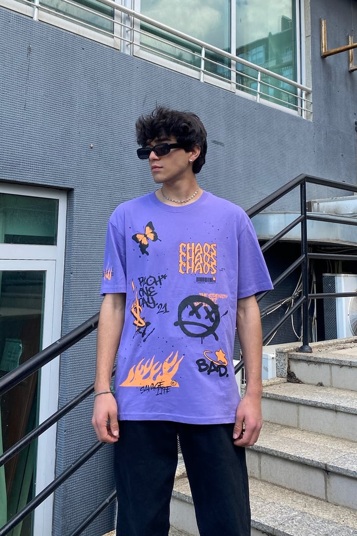 Orange Trip Baskılı Mor Oversize