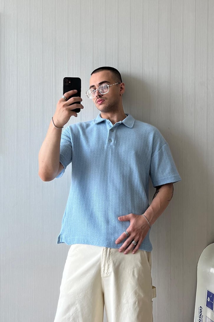 Örgü Dokulu Oversize Polo Yaka Tişört