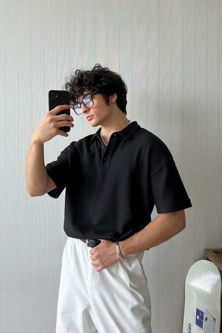 Örgü Dokulu Oversize Polo Yaka Tişört