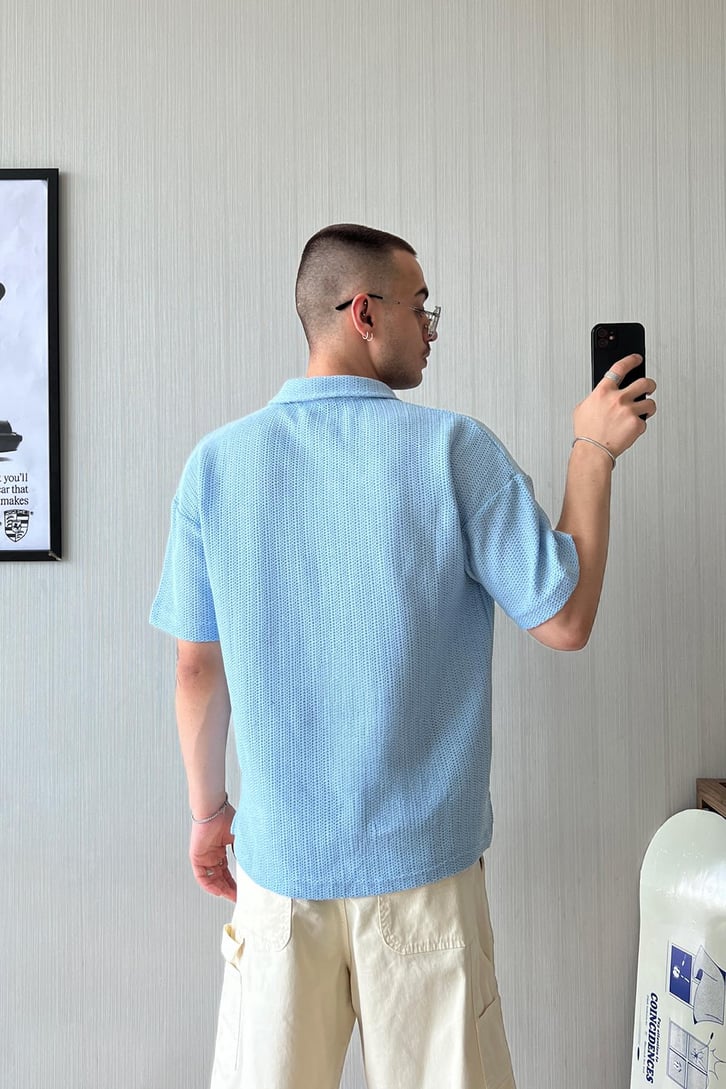 Örgü Dokulu Oversize Polo Yaka Tişört