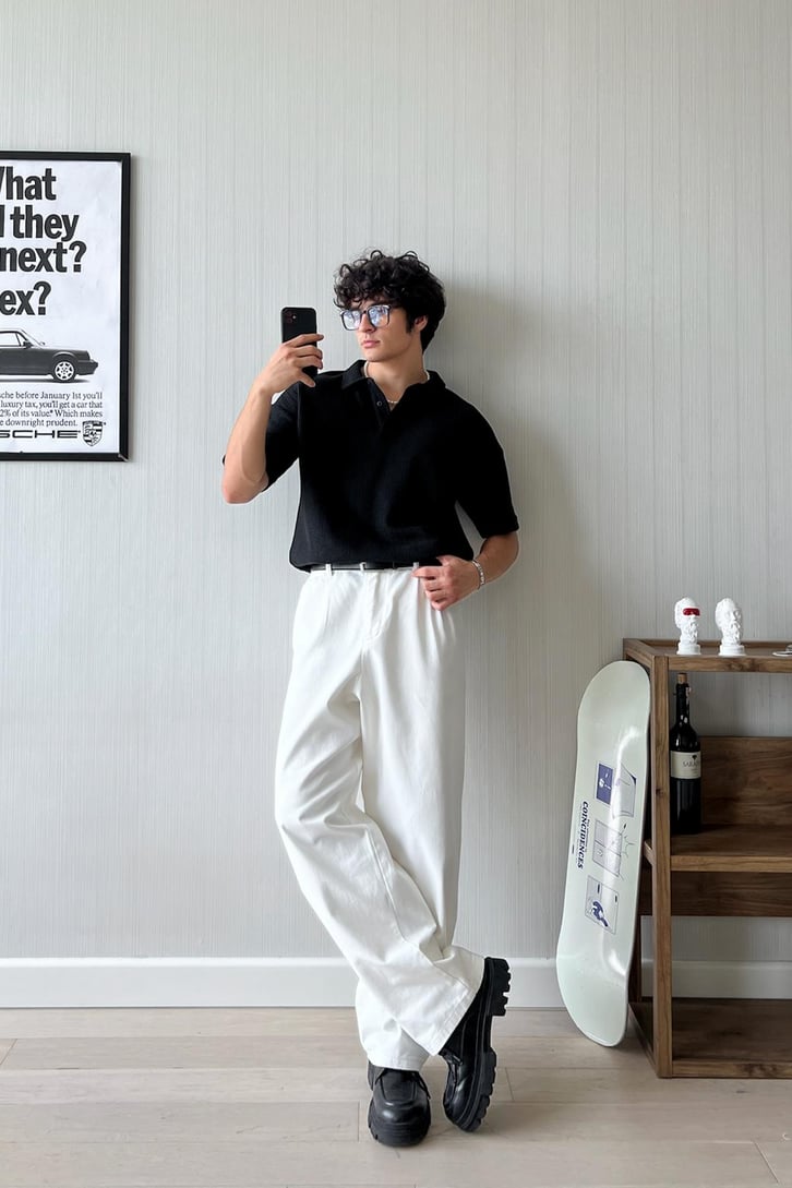 Örgü Dokulu Oversize Polo Yaka Tişört