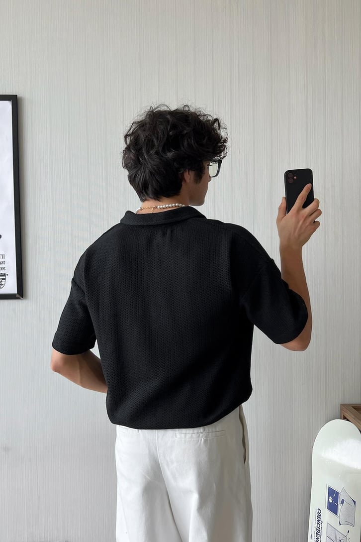 Örgü Dokulu Oversize Polo Yaka Tişört
