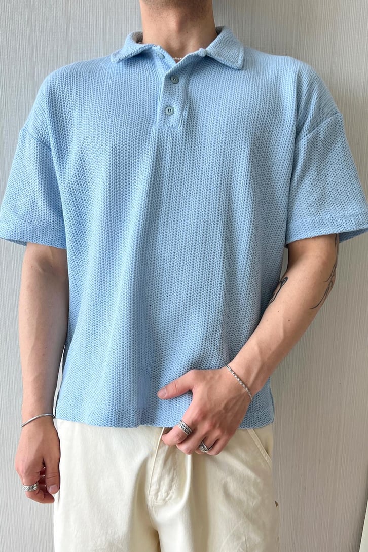 Örgü Dokulu Oversize Polo Yaka Tişört