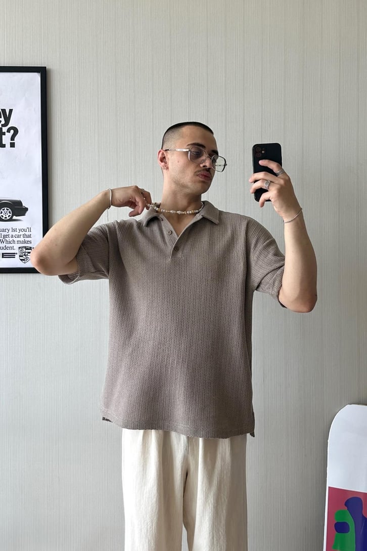 Örgü Dokulu Oversize Polo Yaka Tişört