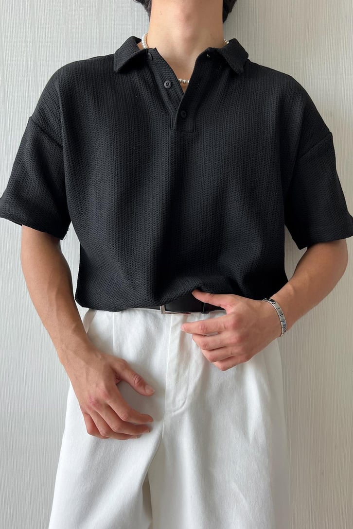 Örgü Dokulu Oversize Polo Yaka Tişört