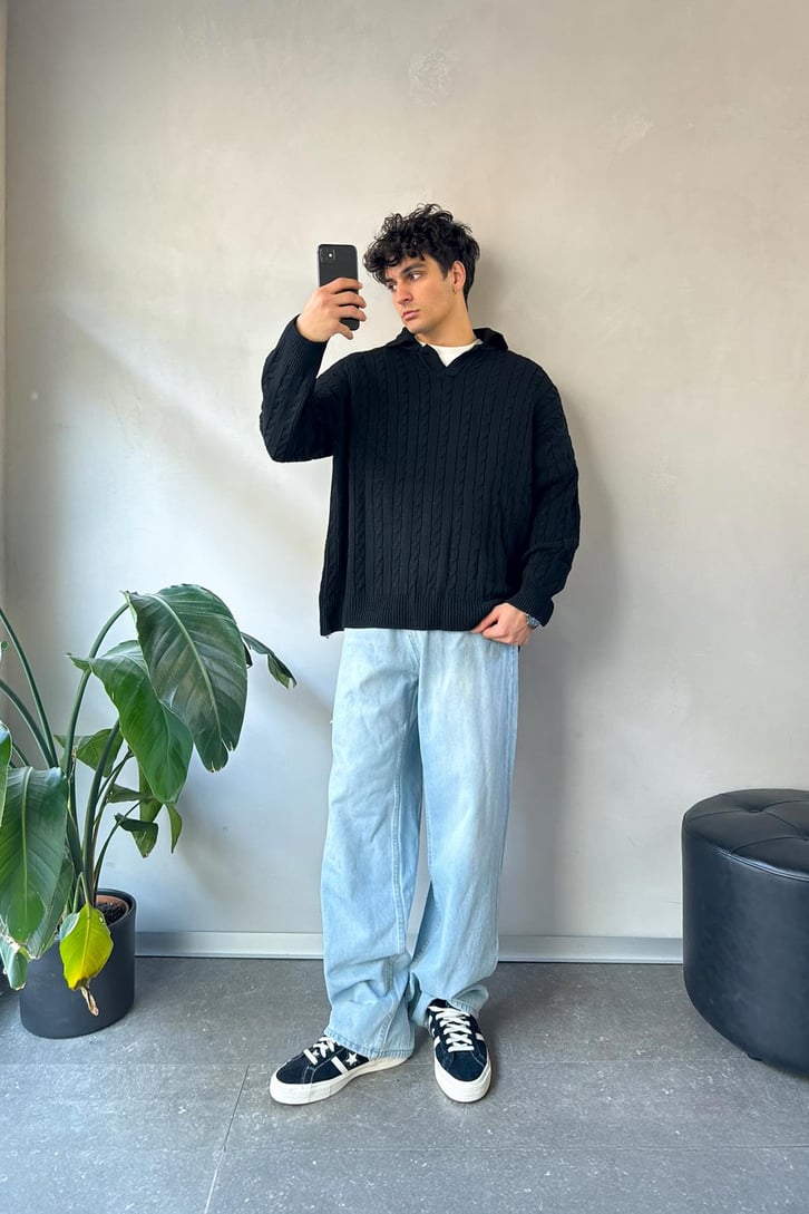 Örgü Model Polo Yaka Siyah Triko Kazak