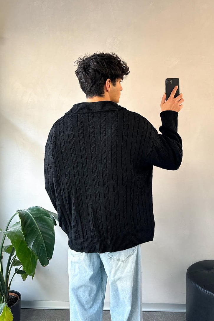 Örgü Model Polo Yaka Siyah Triko Kazak