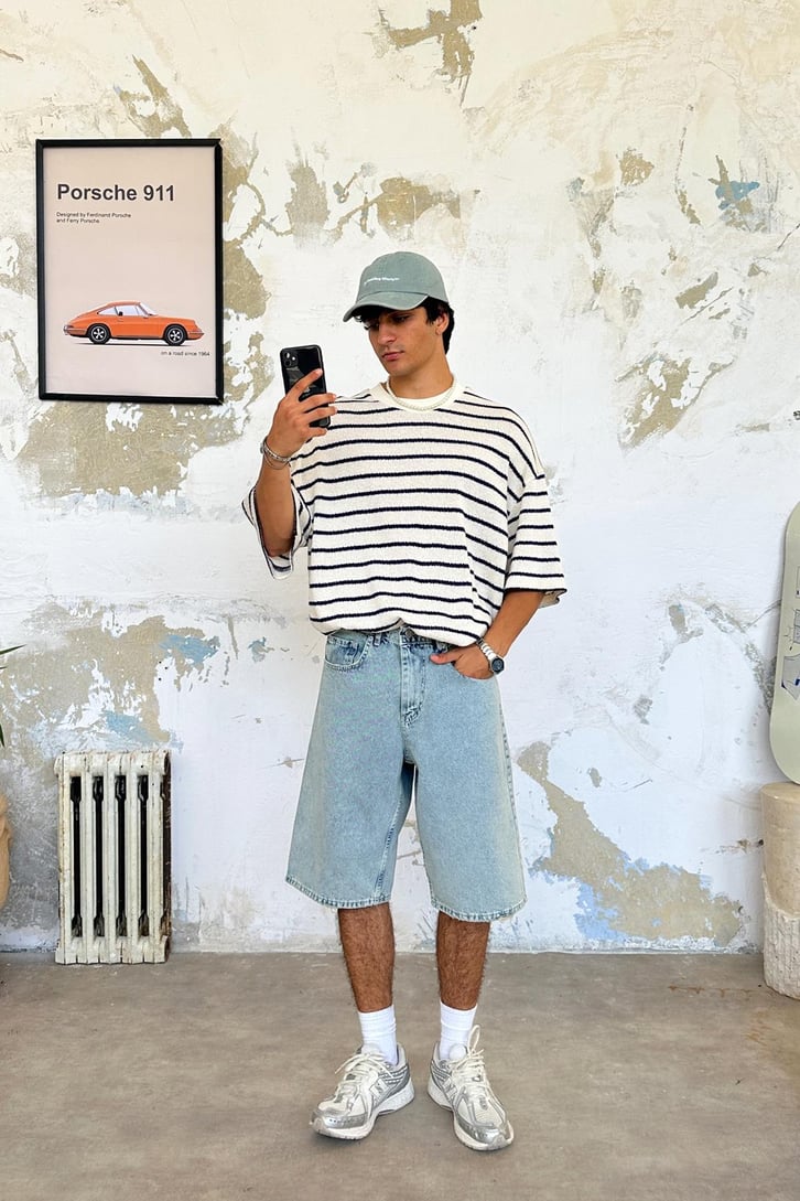 Örme Çizgili Oversize Tişört