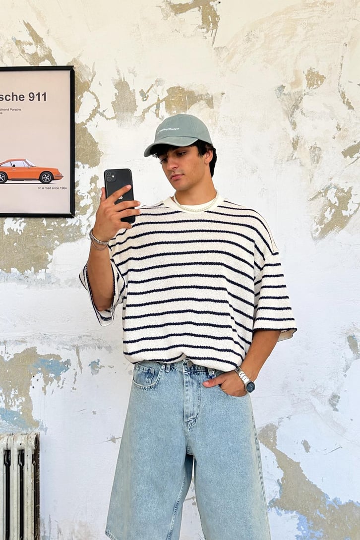 Örme Çizgili Oversize Tişört