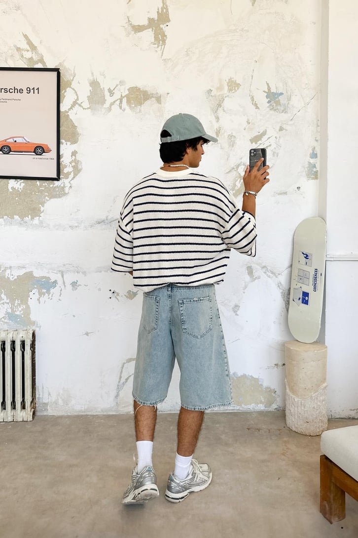 Örme Çizgili Oversize Tişört
