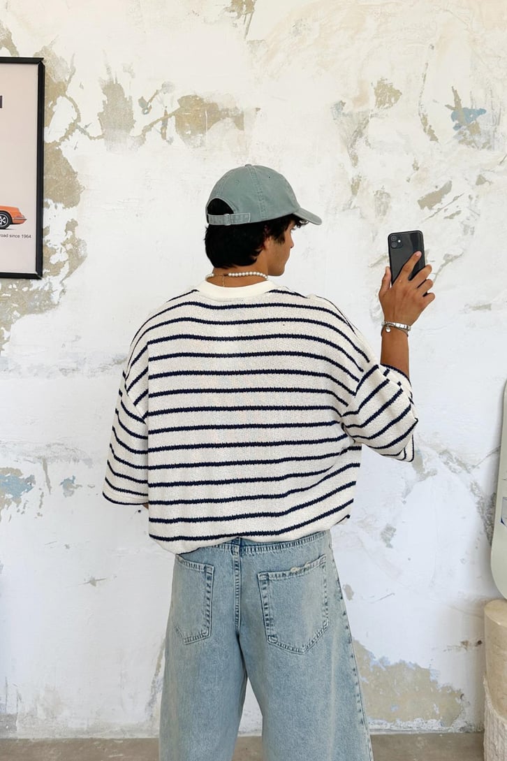 Örme Çizgili Oversize Tişört