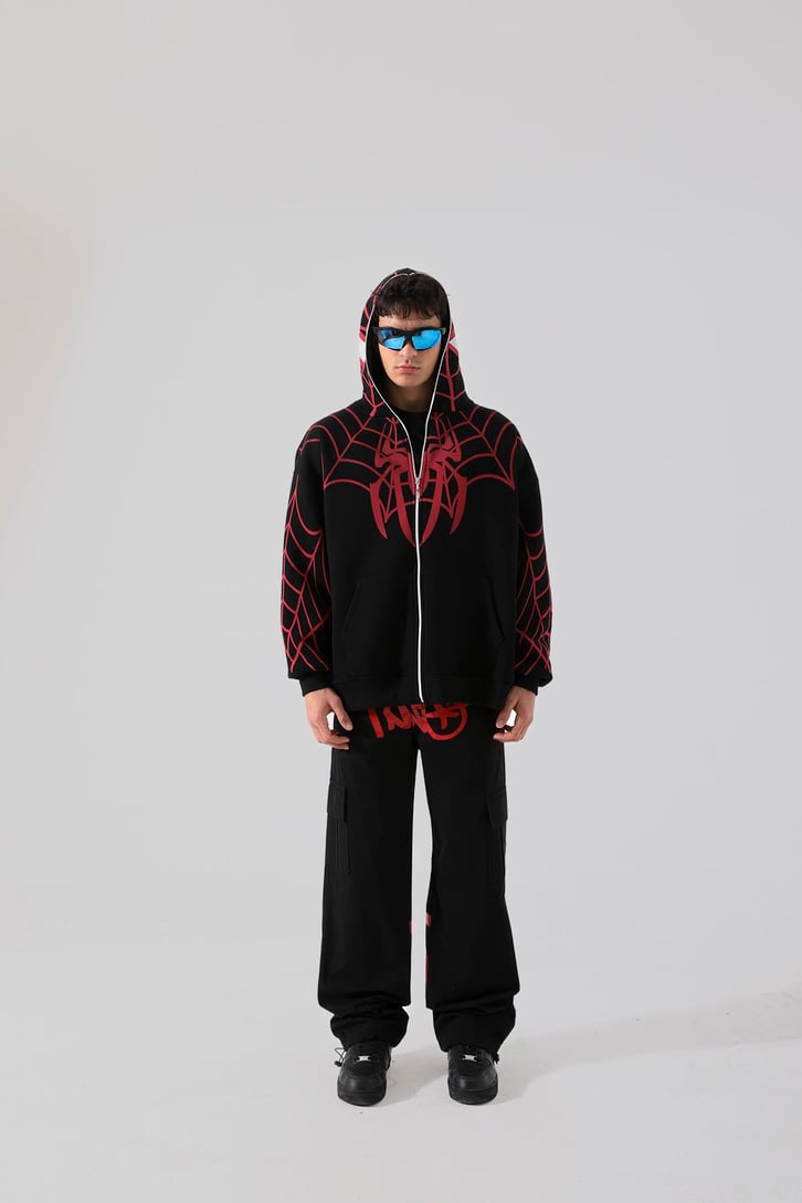 Örümcek Baskılı Siyah Full Zip Hoodie