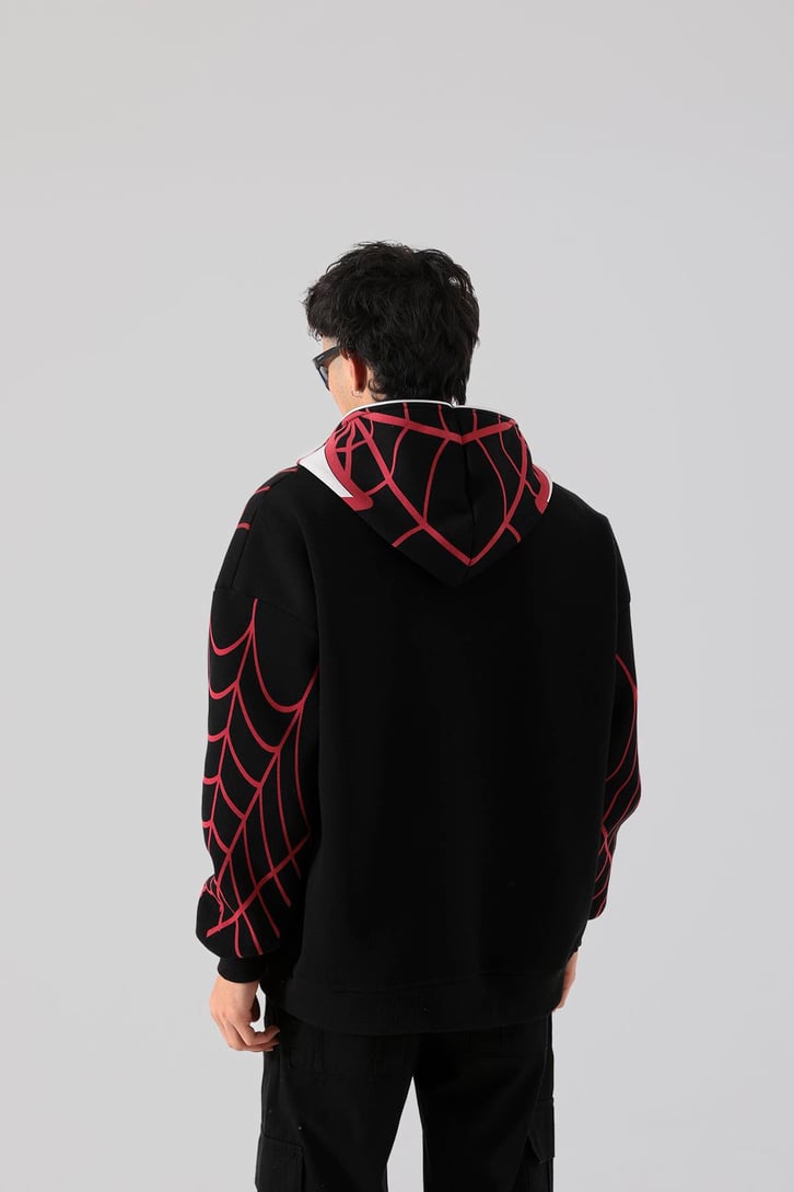 Örümcek Baskılı Siyah Full Zip Hoodie
