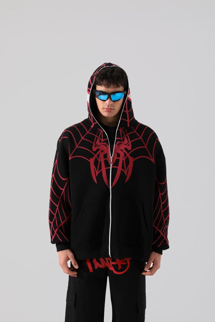 Örümcek Baskılı Siyah Full Zip Hoodie