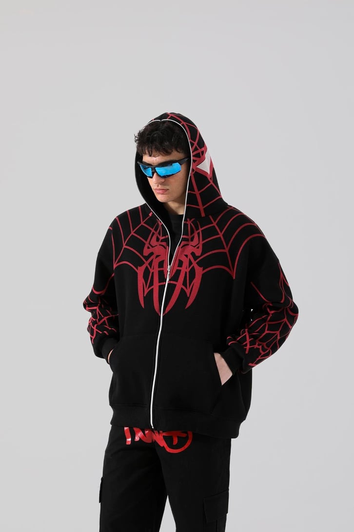 Örümcek Baskılı Siyah Full Zip Hoodie