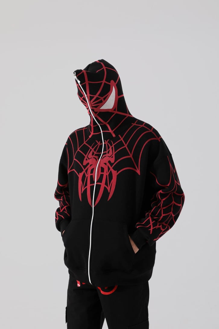 Örümcek Baskılı Siyah Full Zip Hoodie