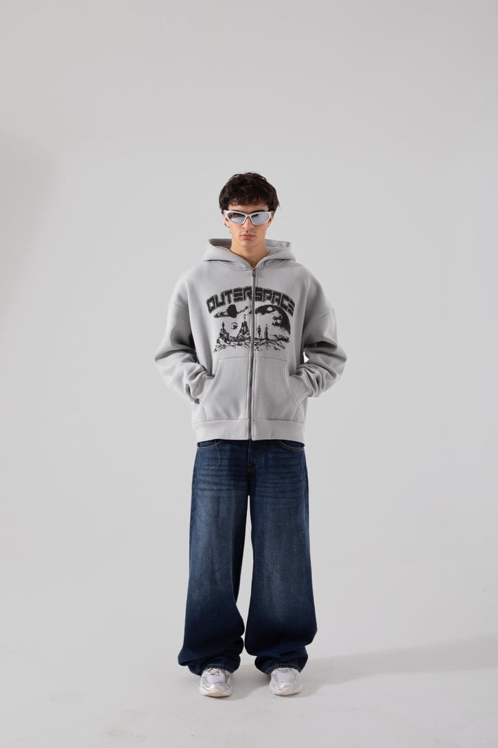 Outerspace Baskılı Buz Gri Zip Hoodie