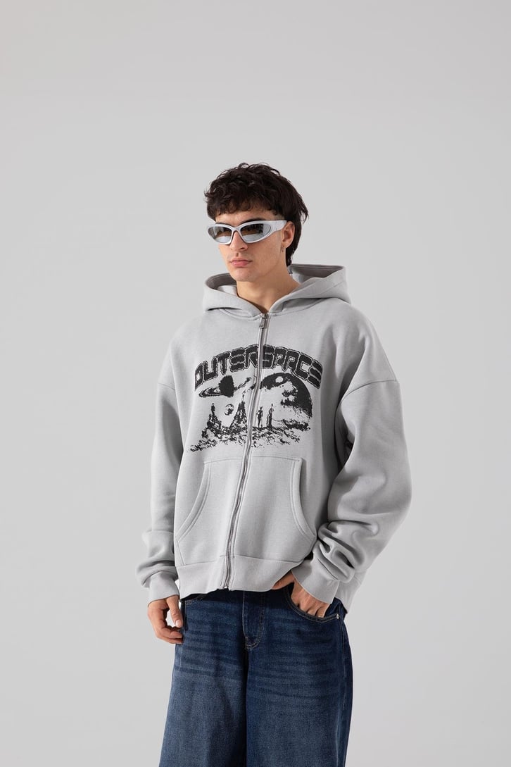 Outerspace Baskılı Buz Gri Zip Hoodie