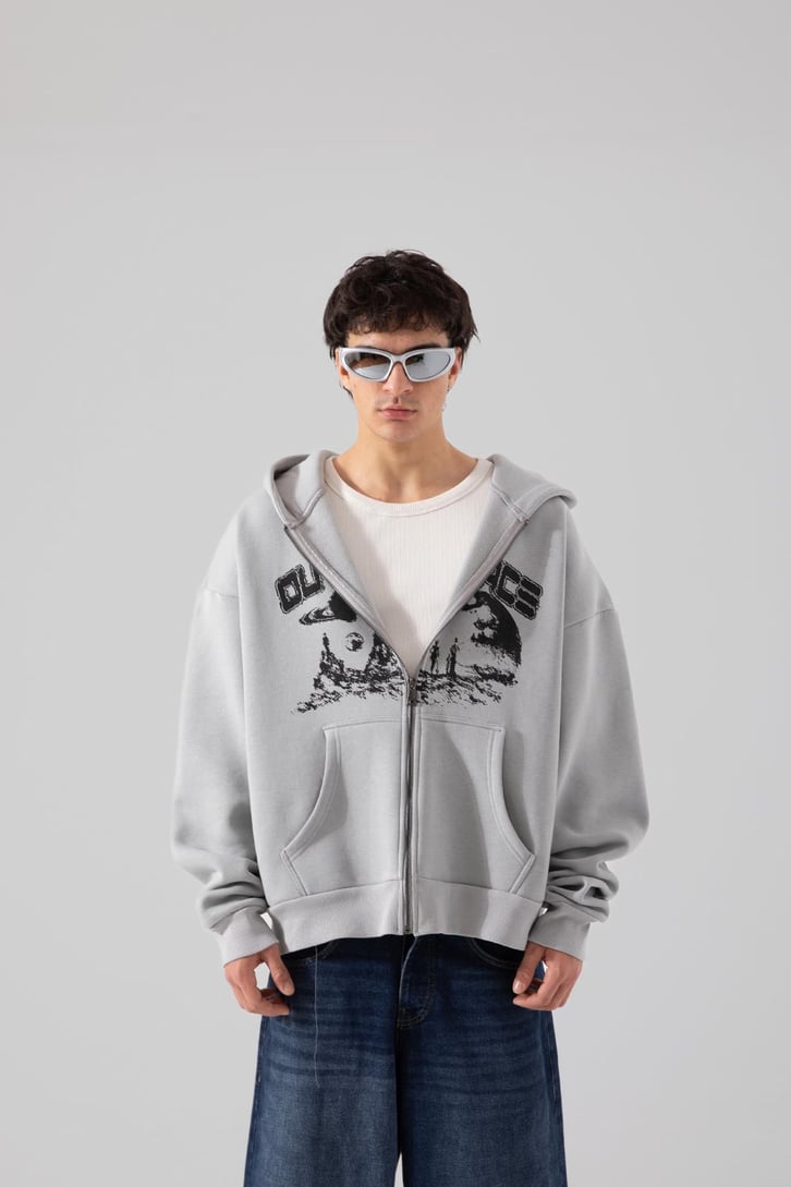 Outerspace Baskılı Buz Gri Zip Hoodie