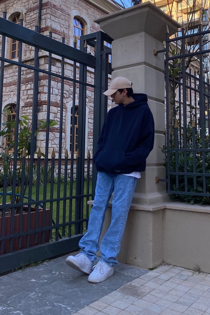 Oversize Premium Lacivert Hoodie