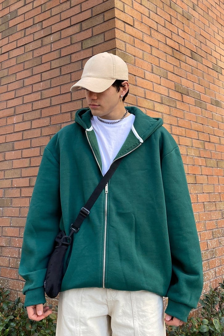 Oversize Zip-Up Basic Premium Yeşil Hoodie