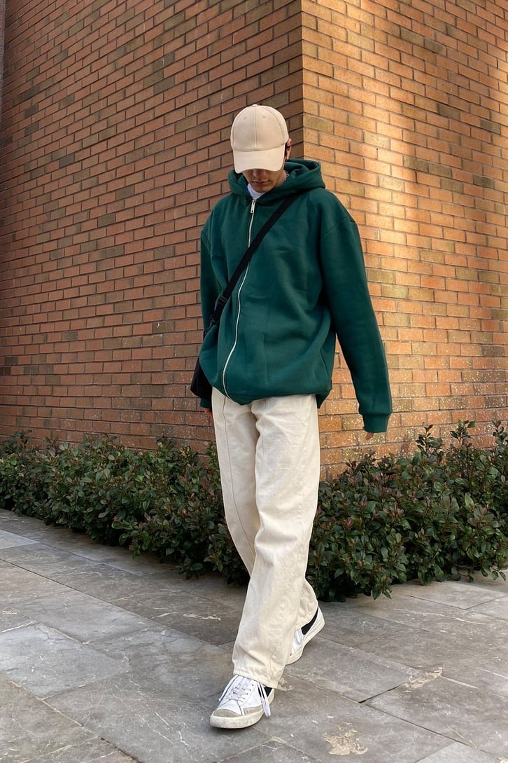 Oversize Zip-Up Basic Premium Yeşil Hoodie