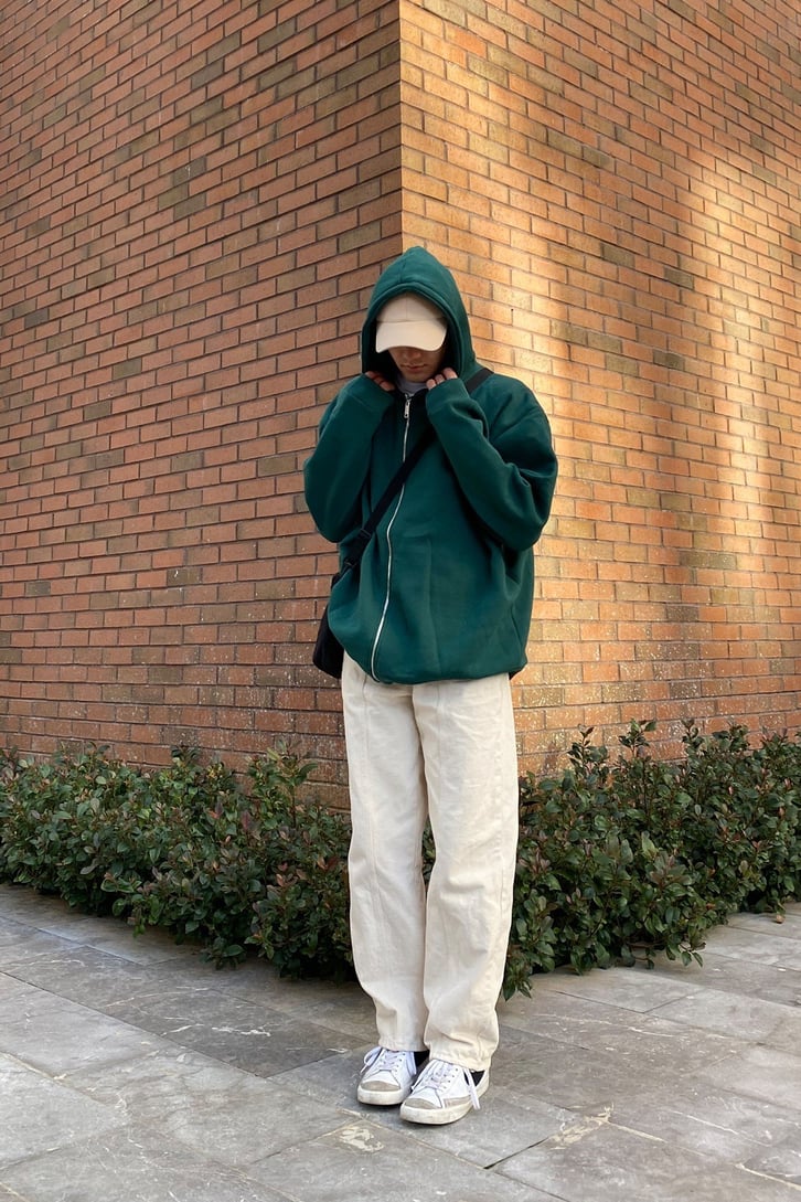 Oversize Zip-Up Basic Premium Yeşil Hoodie