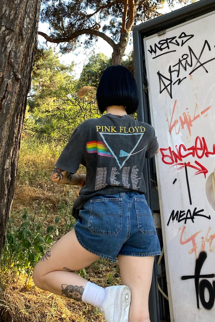 P.Floyd Baskılı Acid Wash Tshirt