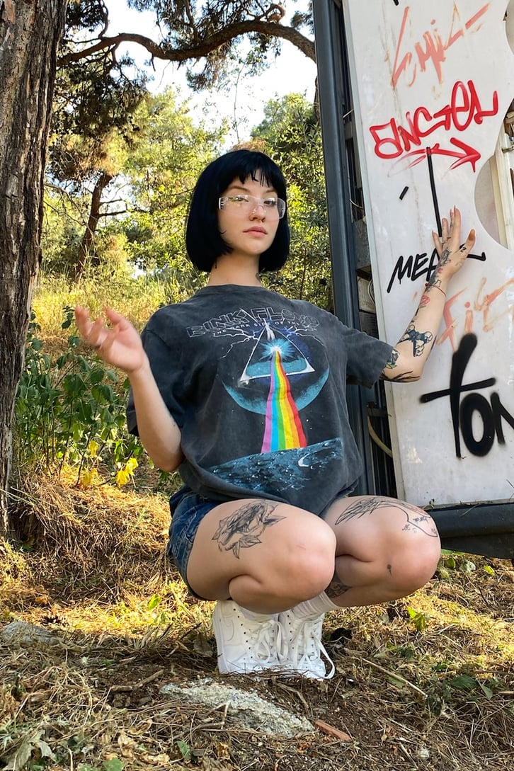 P.Floyd Baskılı Acid Wash Tshirt