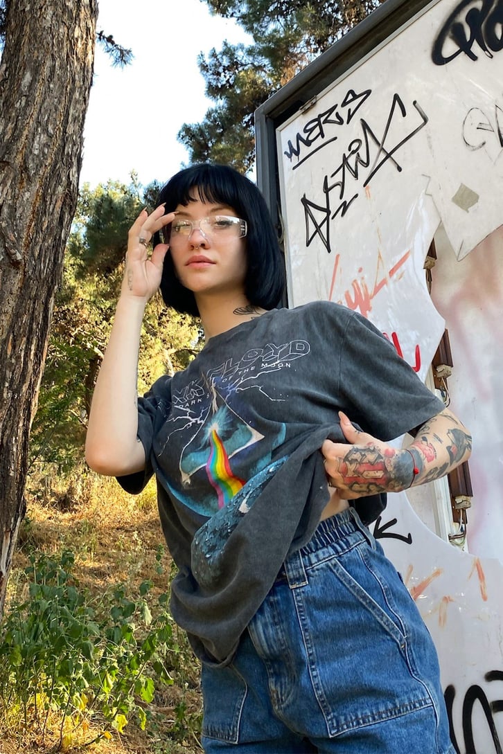 P.Floyd Baskılı Acid Wash Tshirt
