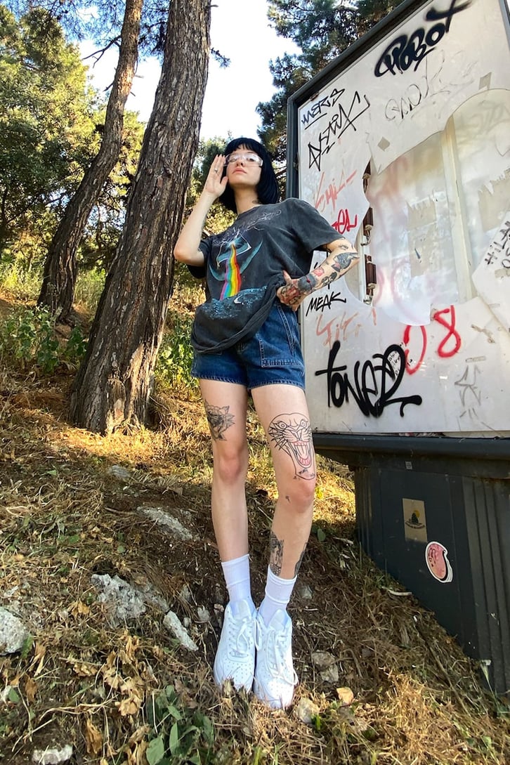 P.Floyd Baskılı Acid Wash Tshirt