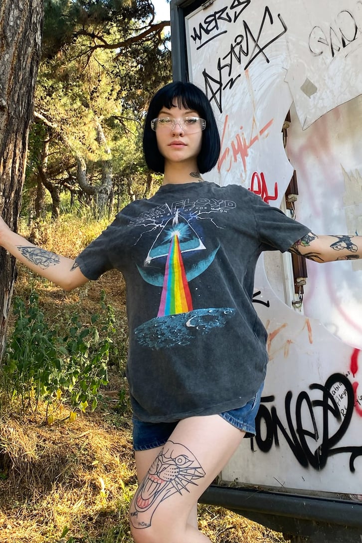 P.Floyd Baskılı Acid Wash Tshirt