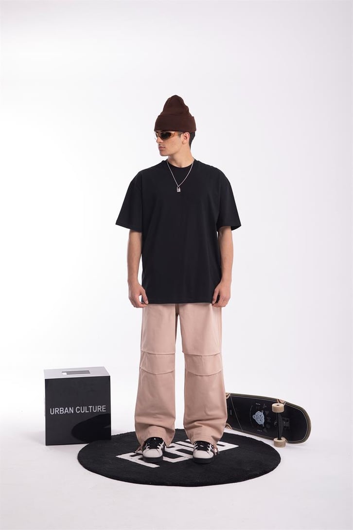 Paça İp Detaylı Bej Baggy Pantolon