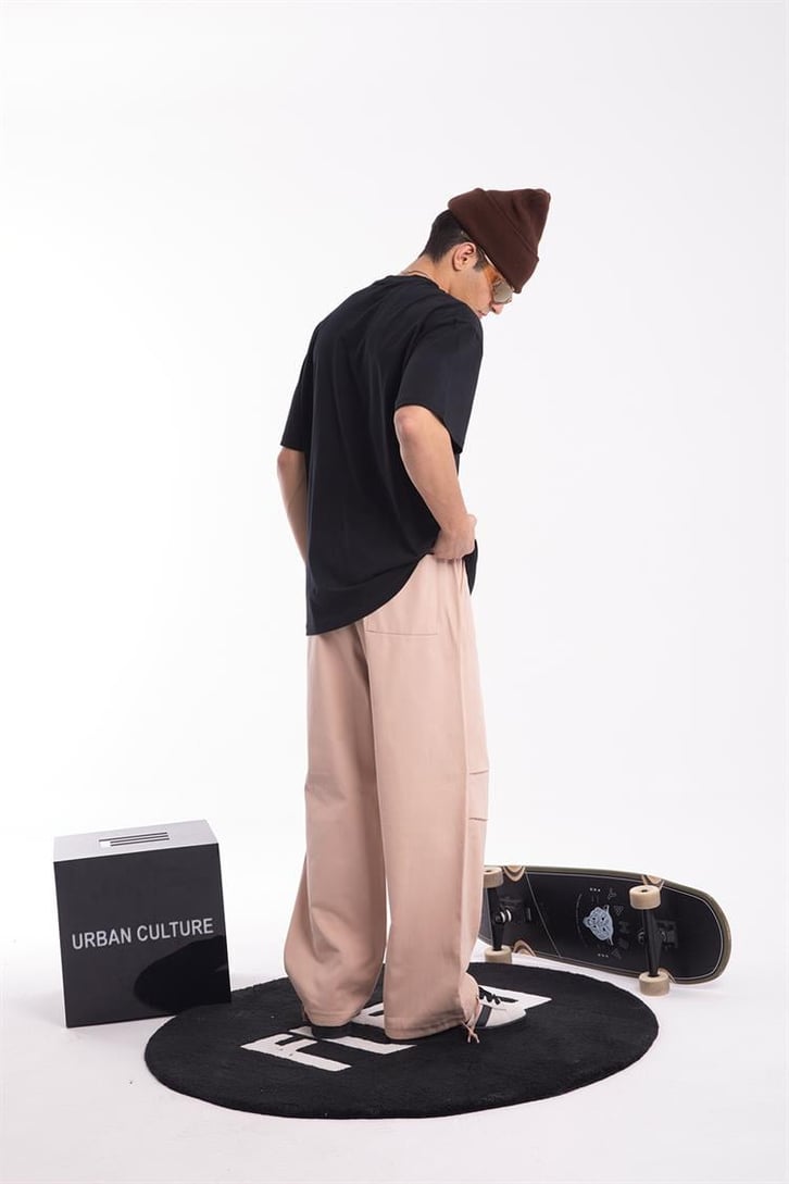 Paça İp Detaylı Bej Baggy Pantolon