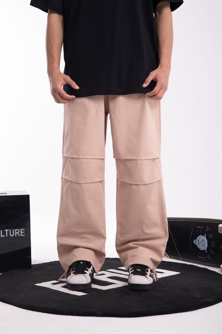 Paça İp Detaylı Bej Baggy Pantolon
