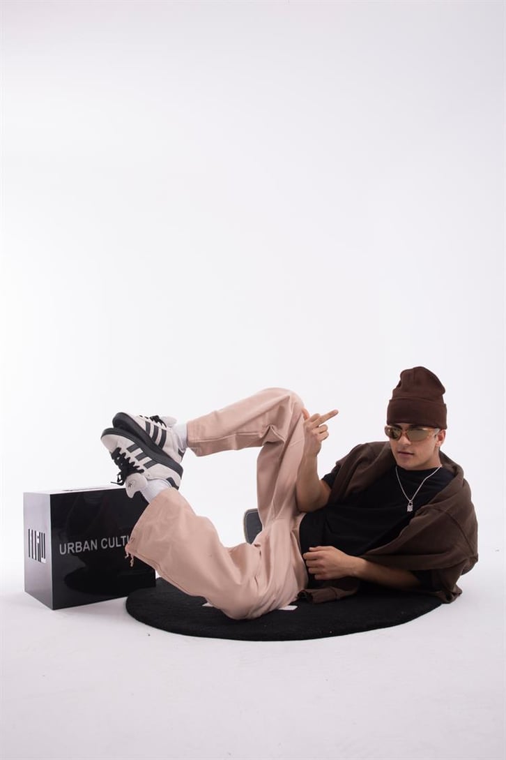 Paça İp Detaylı Bej Baggy Pantolon