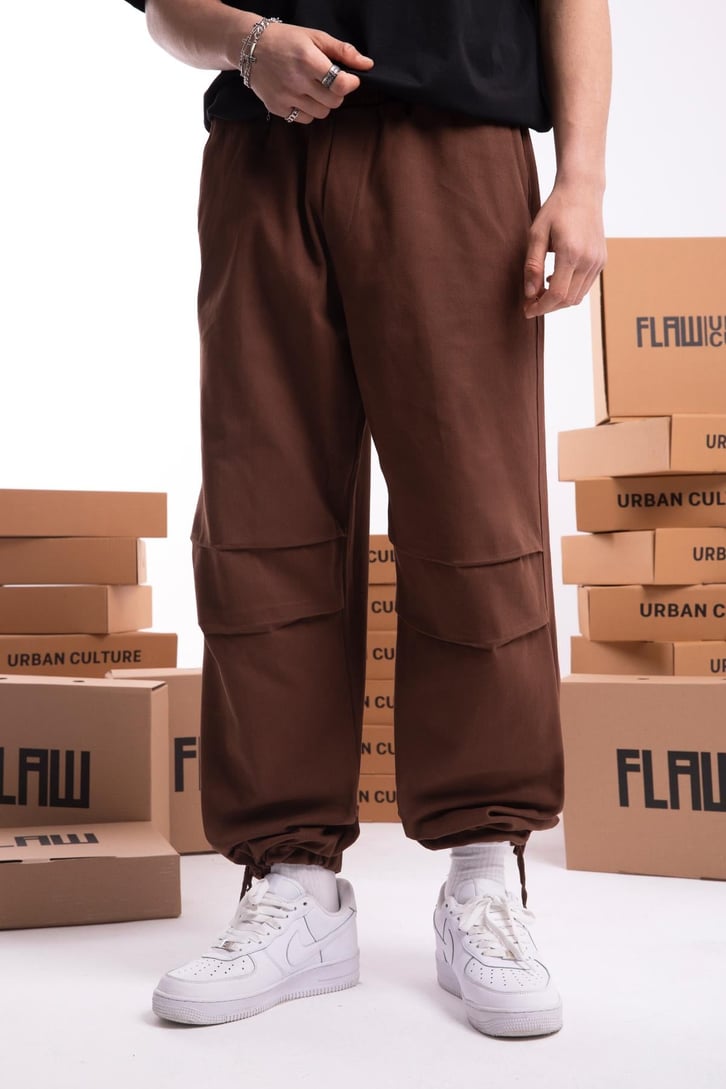 Paça İp Detaylı Kahverengi Baggy Pantolon