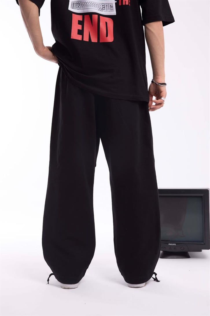 Paça İp Detaylı Siyah Baggy Pantolon