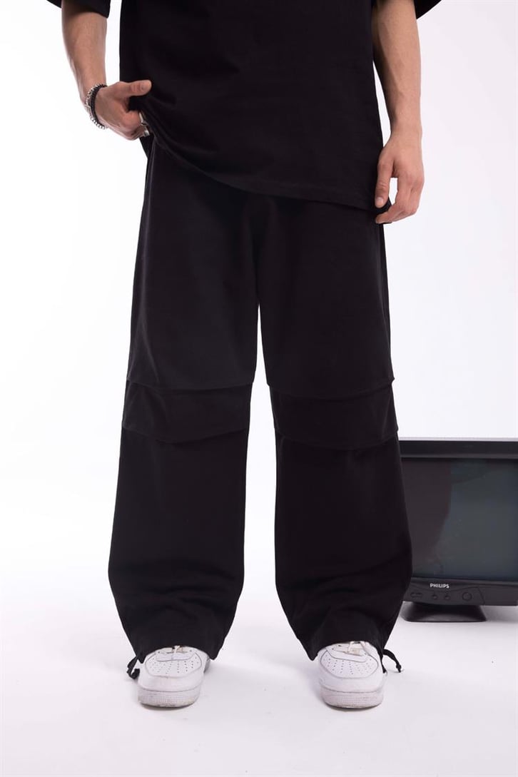 Paça İp Detaylı Siyah Baggy Pantolon