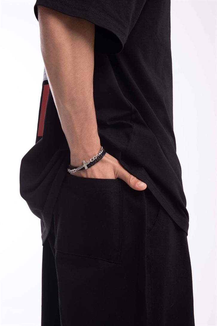 Paça İp Detaylı Siyah Baggy Pantolon