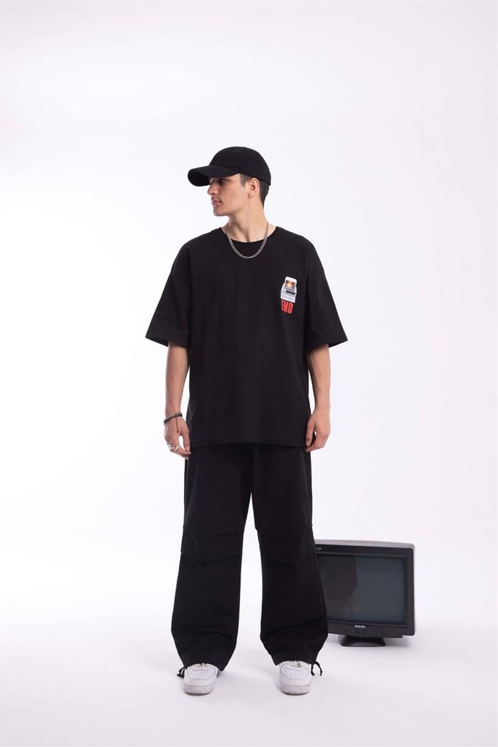 Paça İp Detaylı Siyah Baggy Pantolon