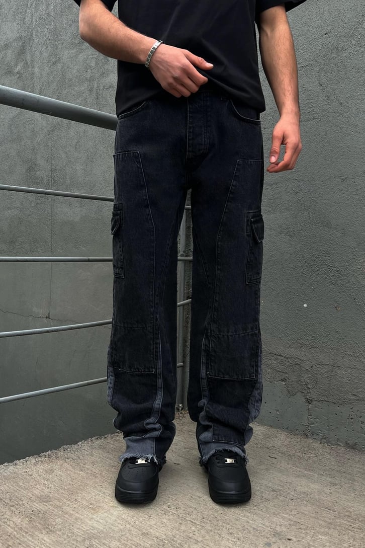 Paçası Püskülü Siyah Kargo Cep Baggy Jean