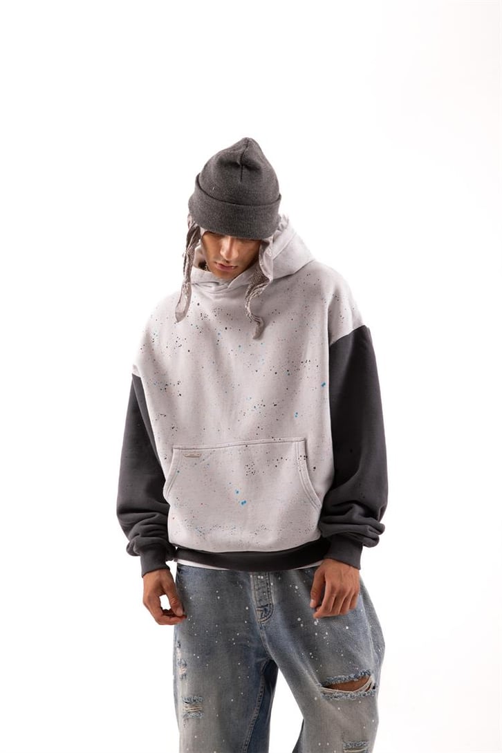 Paint Detail Gri Oversize Hoodie