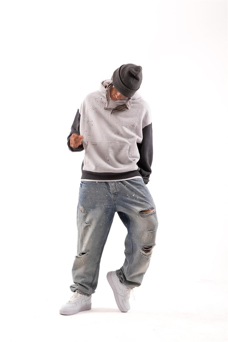 Paint Detail Gri Oversize Hoodie