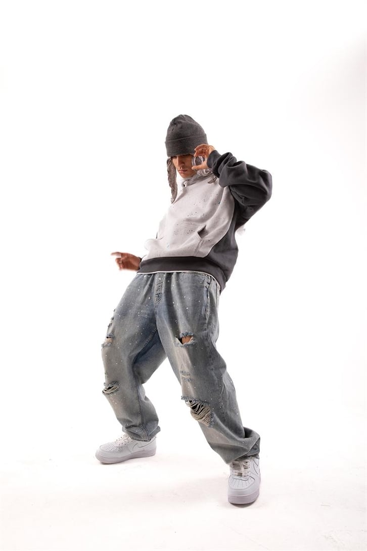 Paint Detail Gri Oversize Hoodie